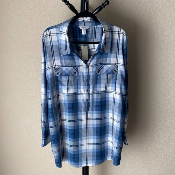 CJ Banks- Plaid Blue Long Sleeve Button Down, Size 2X - Picture 1 of 11